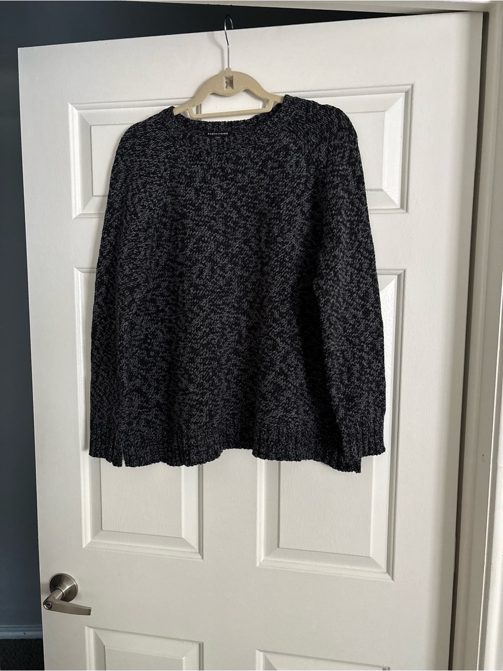 Eileen Fisher Cashmere & Cotton Black & Gray Marled Crewneck Sweater (Oversized)